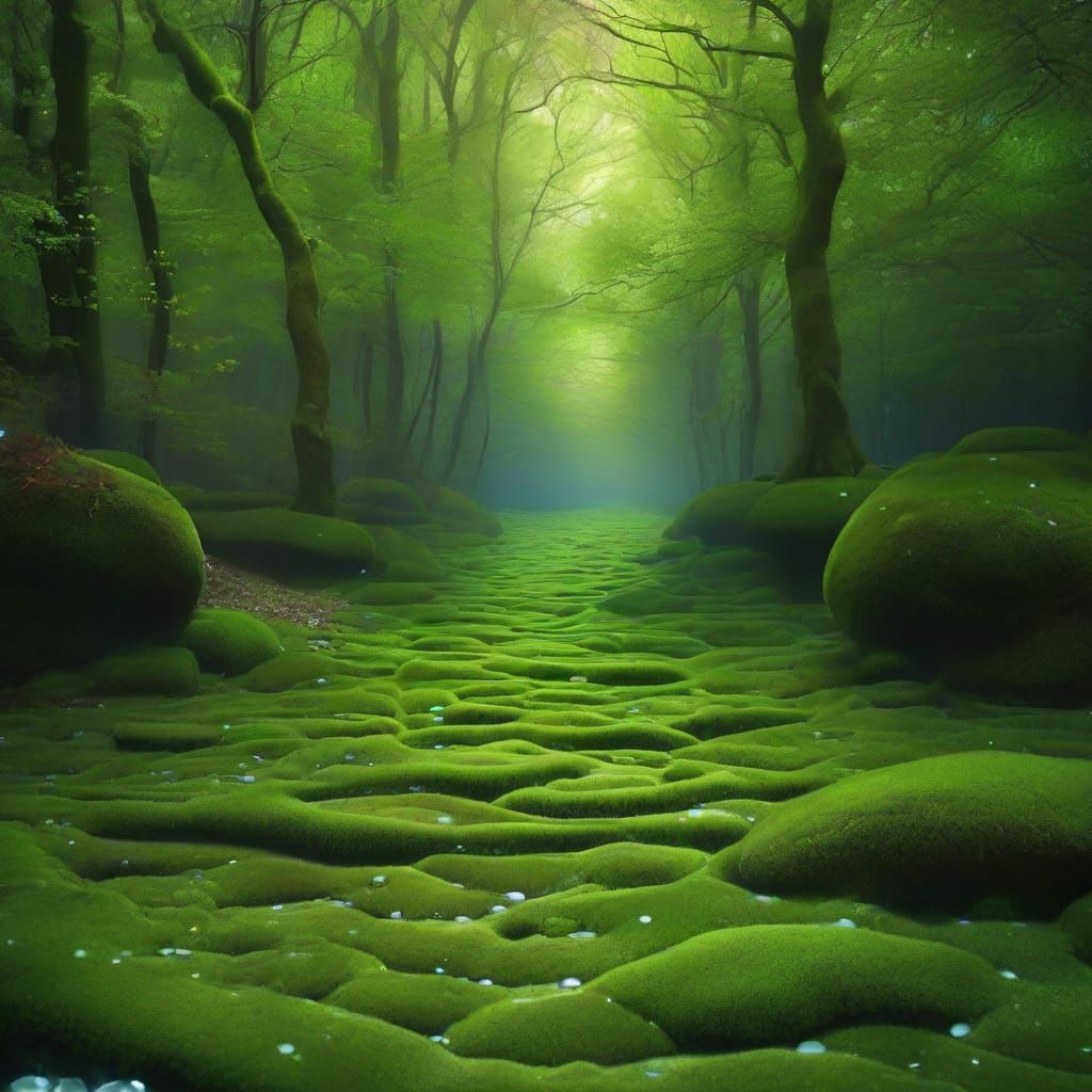 Floating Moss Pathway in a Serene, Cloudless Sky