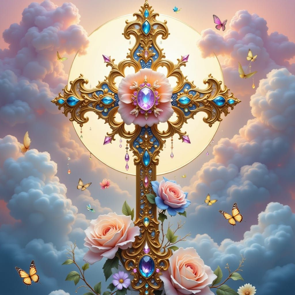 Ornate Golden Cross with Gemstones and Roses in Baroque Styl...