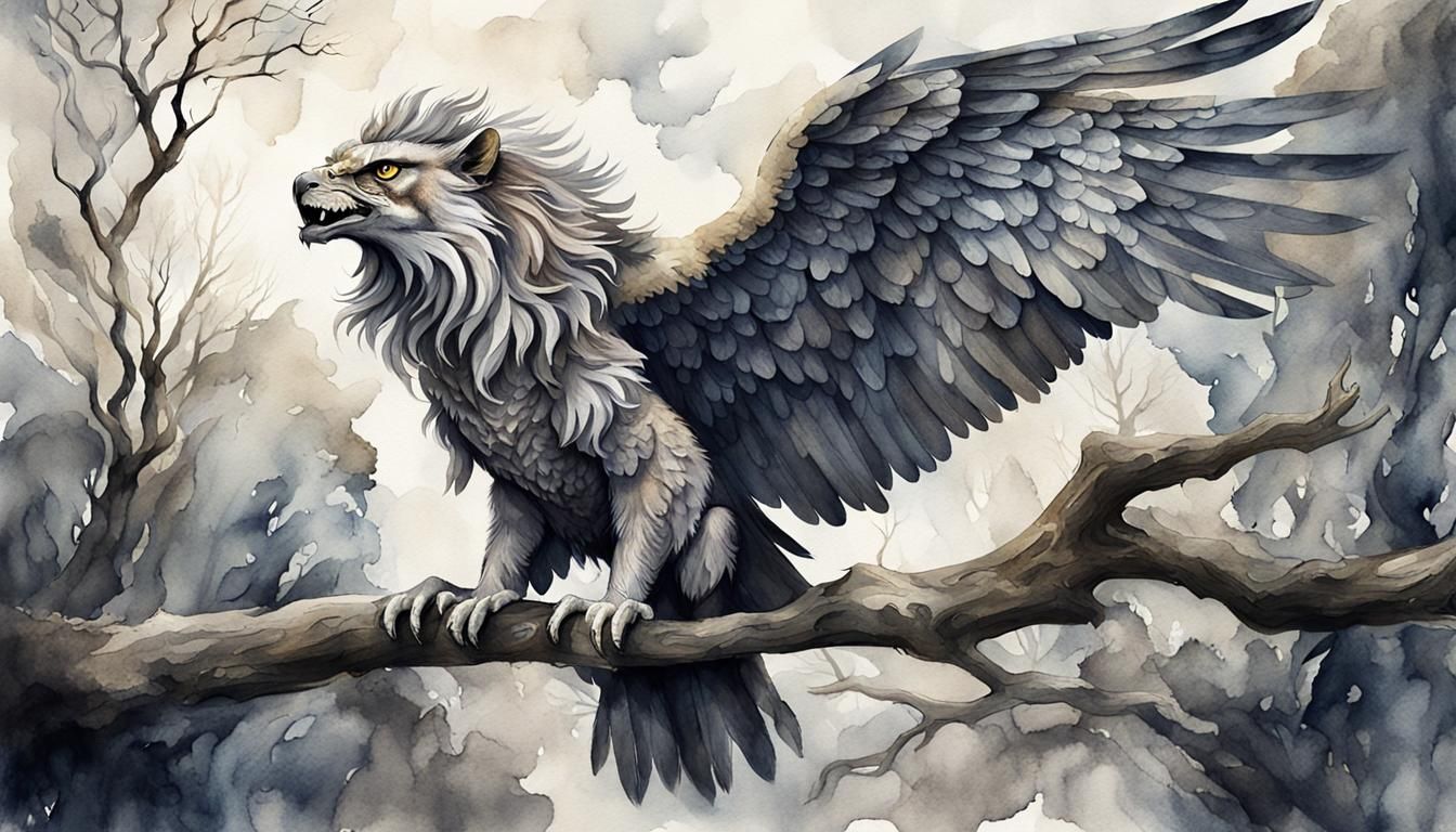 Winged Gryphon Roaring: Watercolor Fantasy Illustration