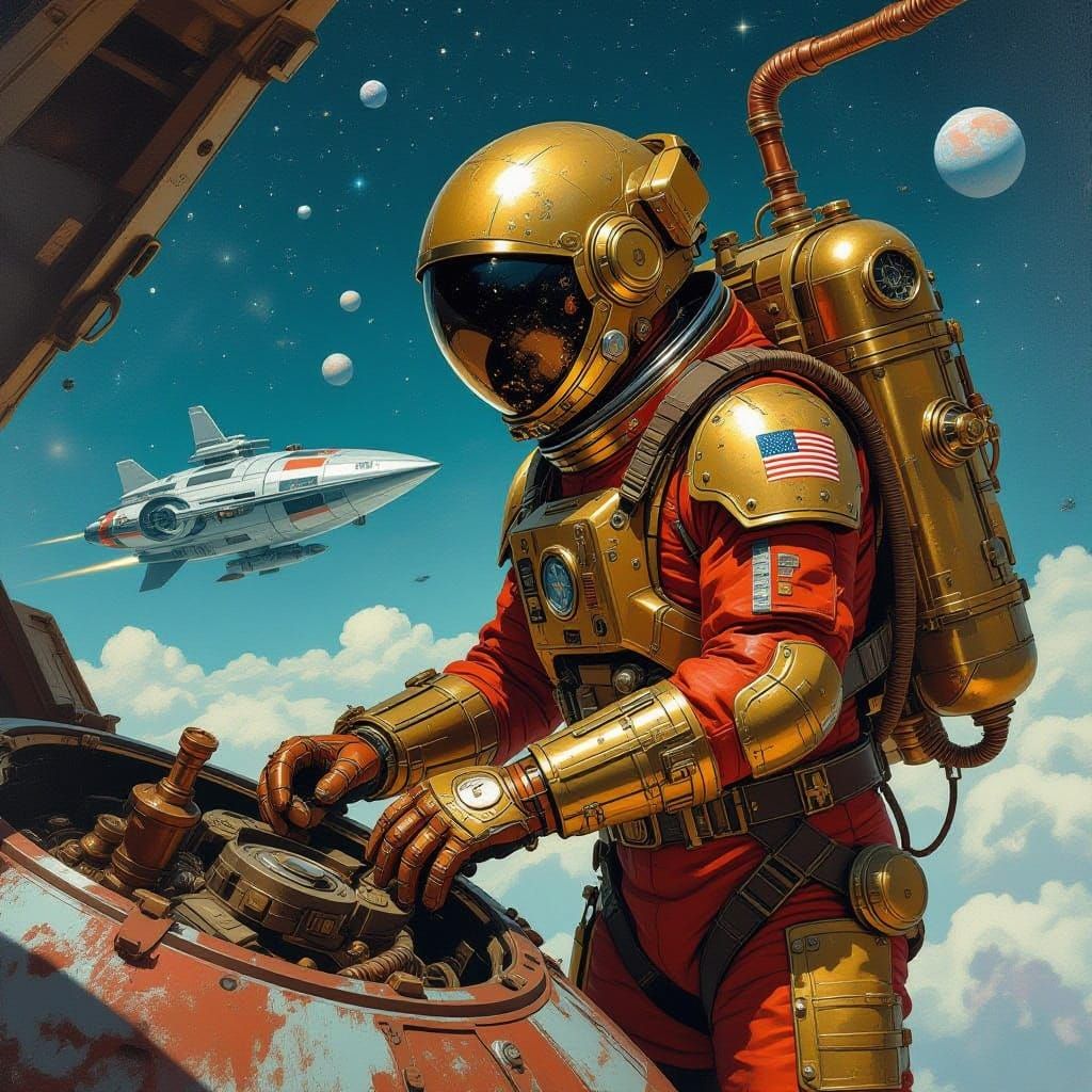 Steampunk Astronaut Repairs Vintage Spacecraft in Cosmic Lan...
