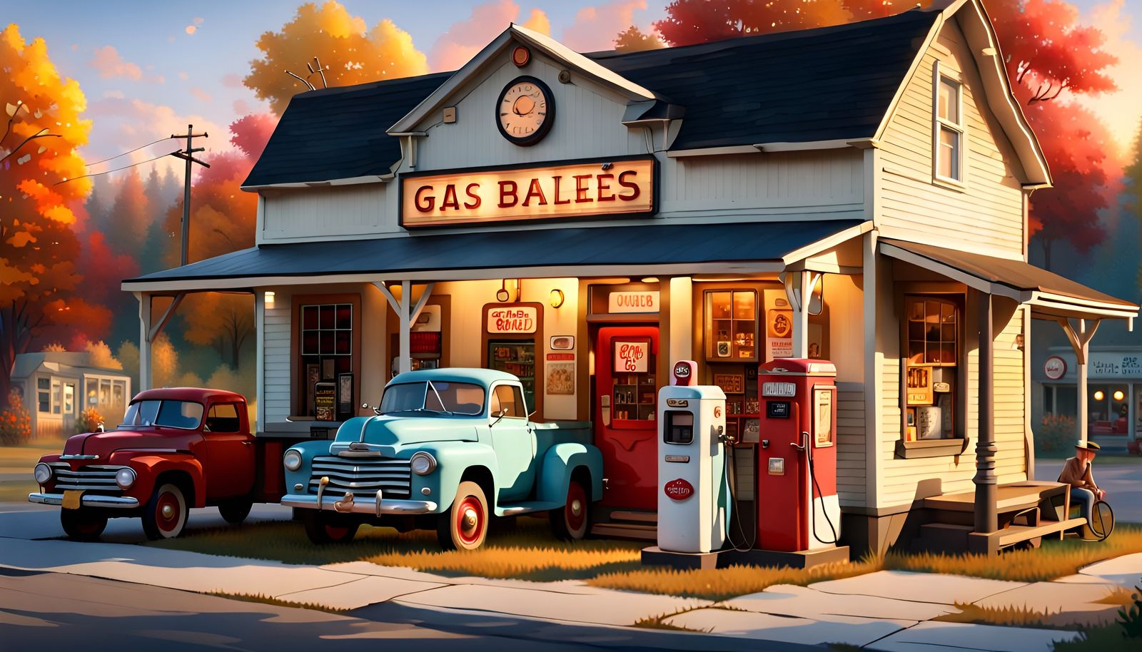 Nostalgic Country Store with Retro Gas Pumps in Golden Light