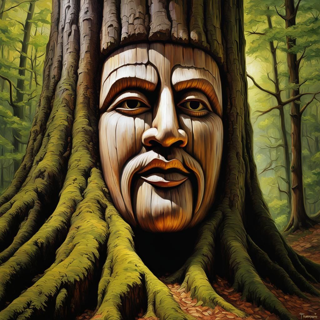 Tree with Wooden Face: Hyperrealistic Oil Painting