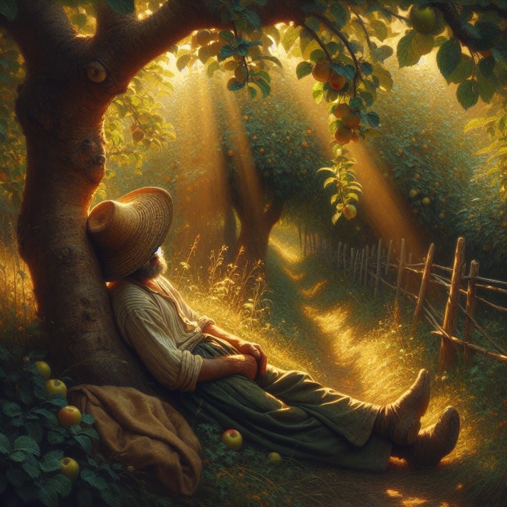 Farmer Resting in Orchard, 18th-Century Style