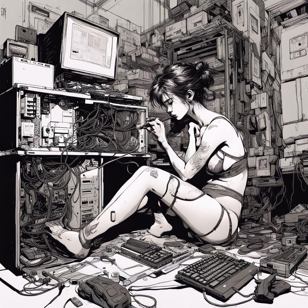 Woman Fixing Computer in Chaotic Bedroom, Ink Art