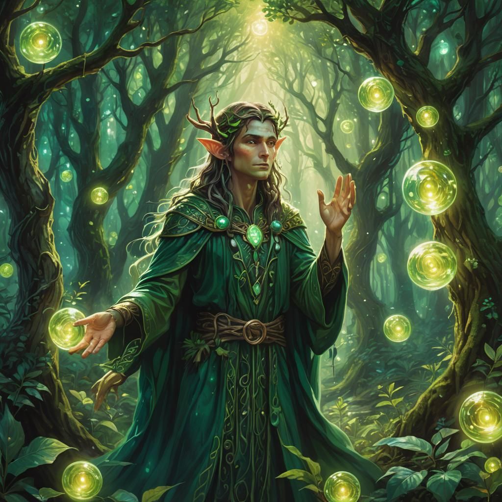 Enchanting Elf Druid in Forest of Emerald Light