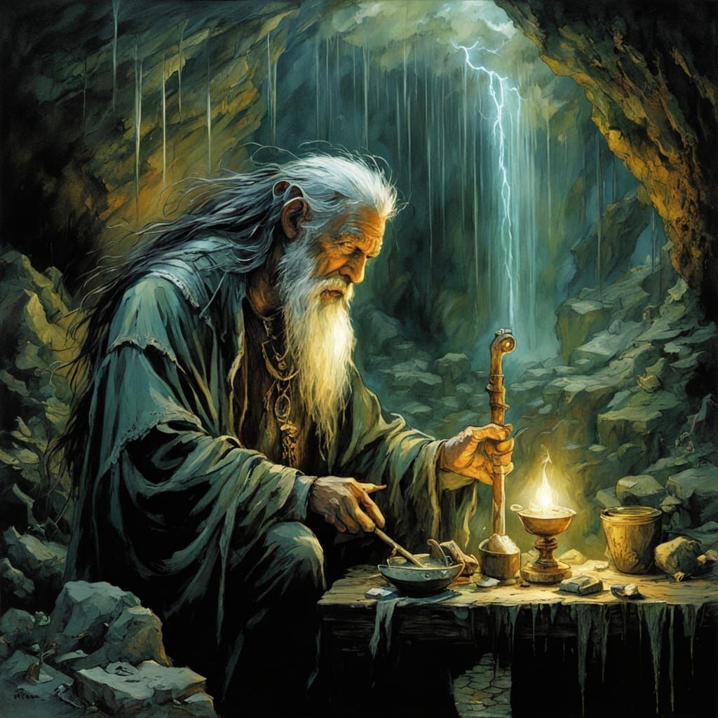 Wizard-Miner Scrying in Cave, Dark Fantasy Illustration