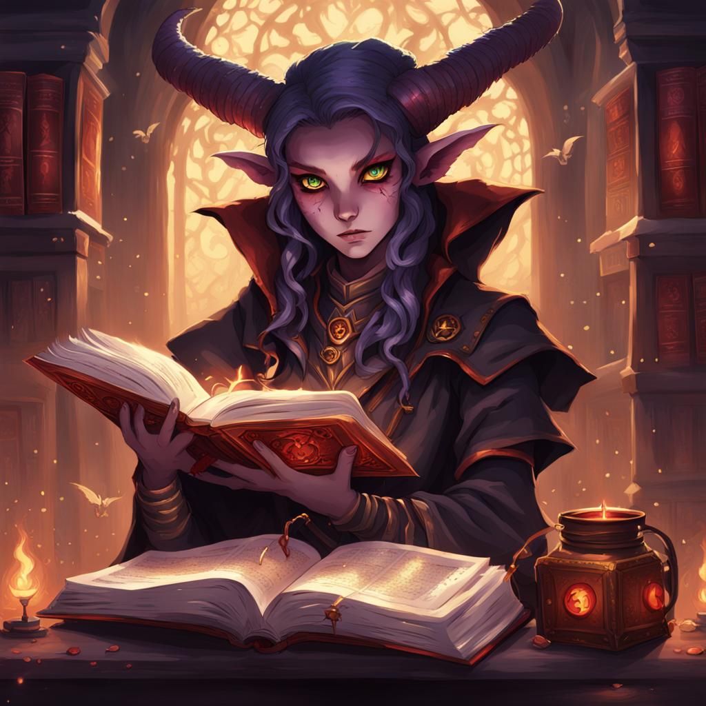 Anime Tiefling Warlock with Imp and Sinister Tome