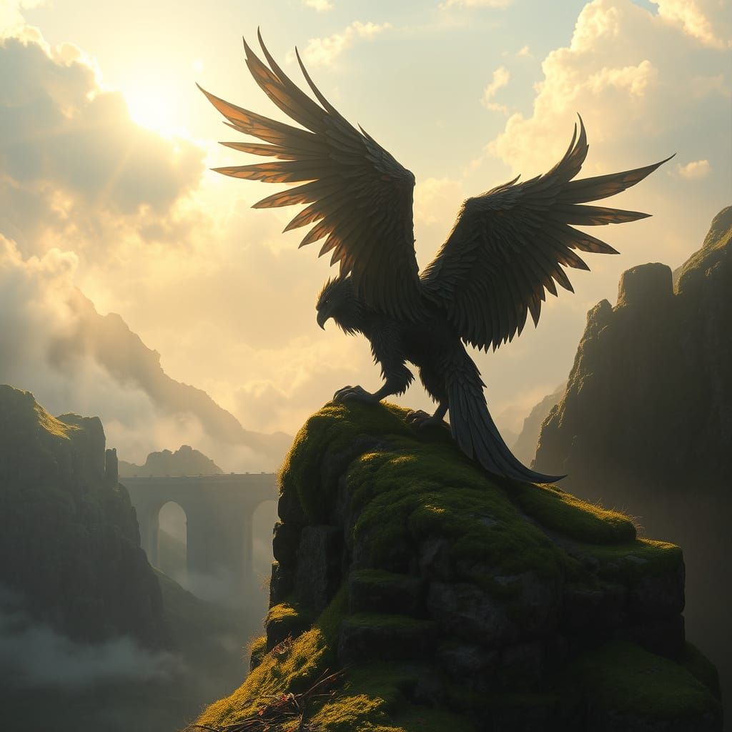 Griffin Perched Atop Ancient Ruin in Fantasy Art Style