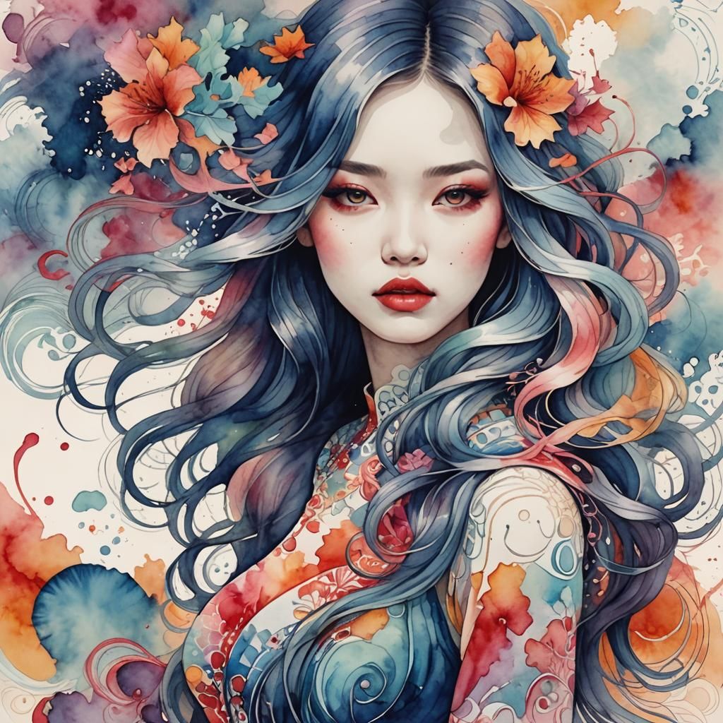 Girl with Fading Watercolor Dress and Hair