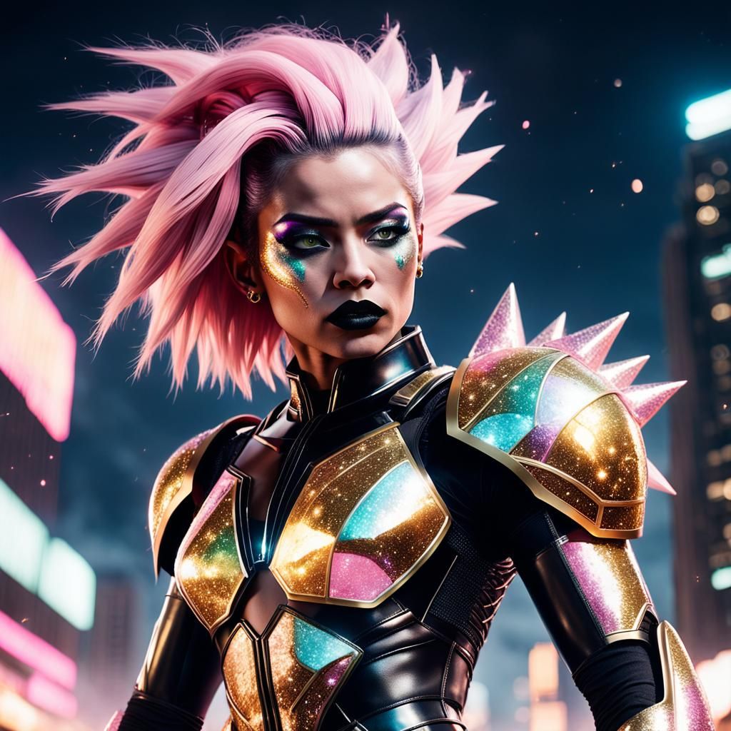 Glam Goth Saiyan in Retrofuturistic Cityscape
