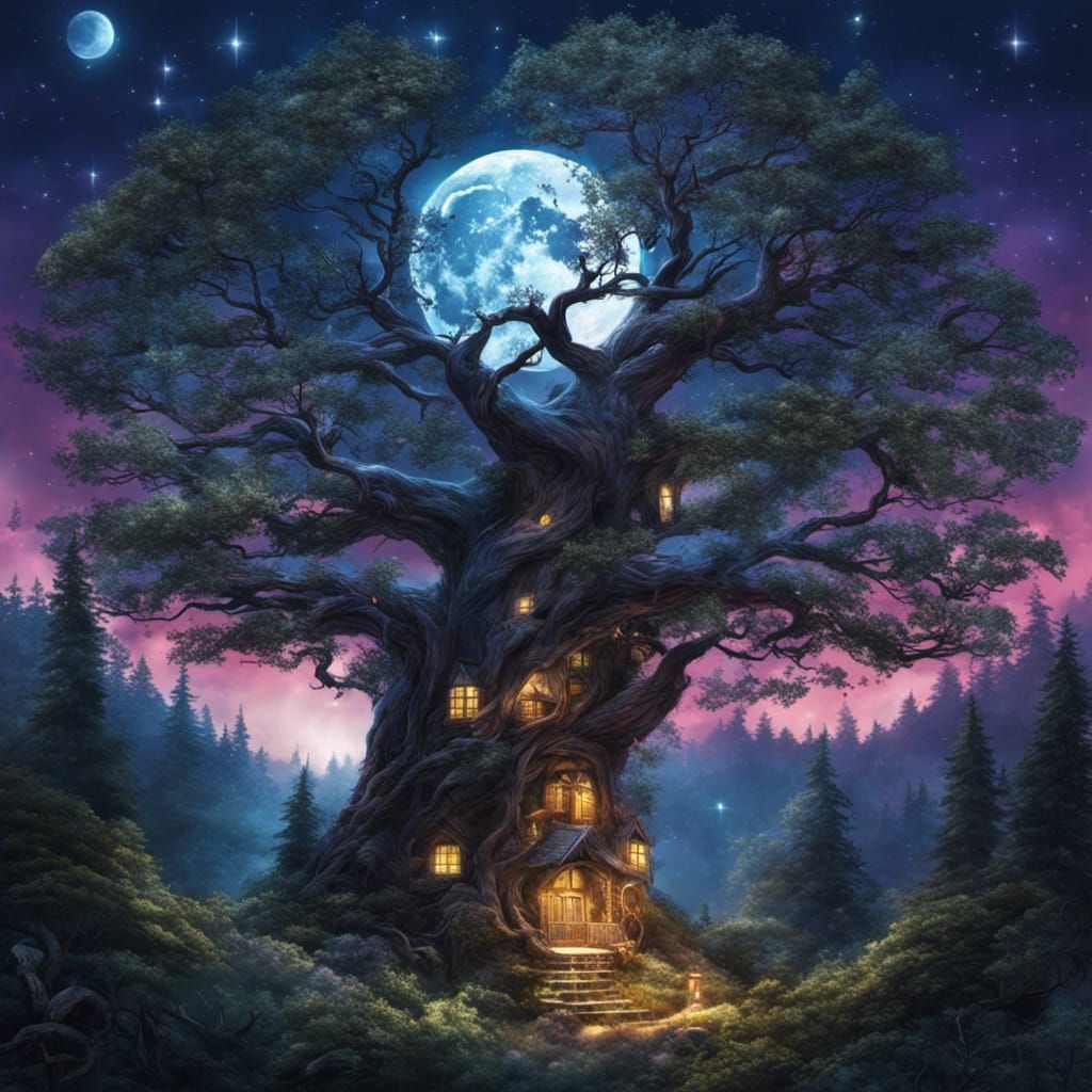 Moonlit Hogwarts Tree in Fairy Forest