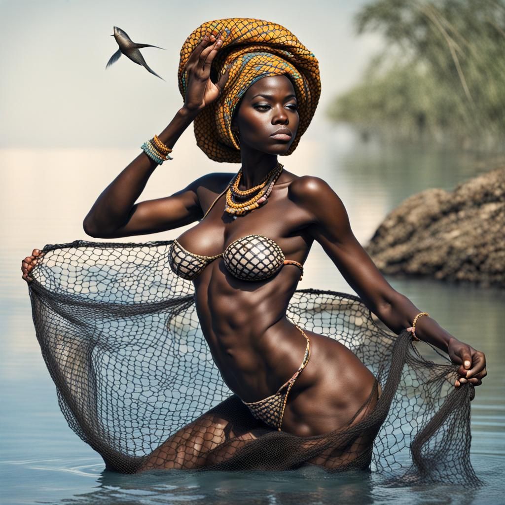 African Woman Fishing in Bikini with Net