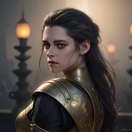 Kristen Stewart Portrait with Golden Light, Artgerm Style