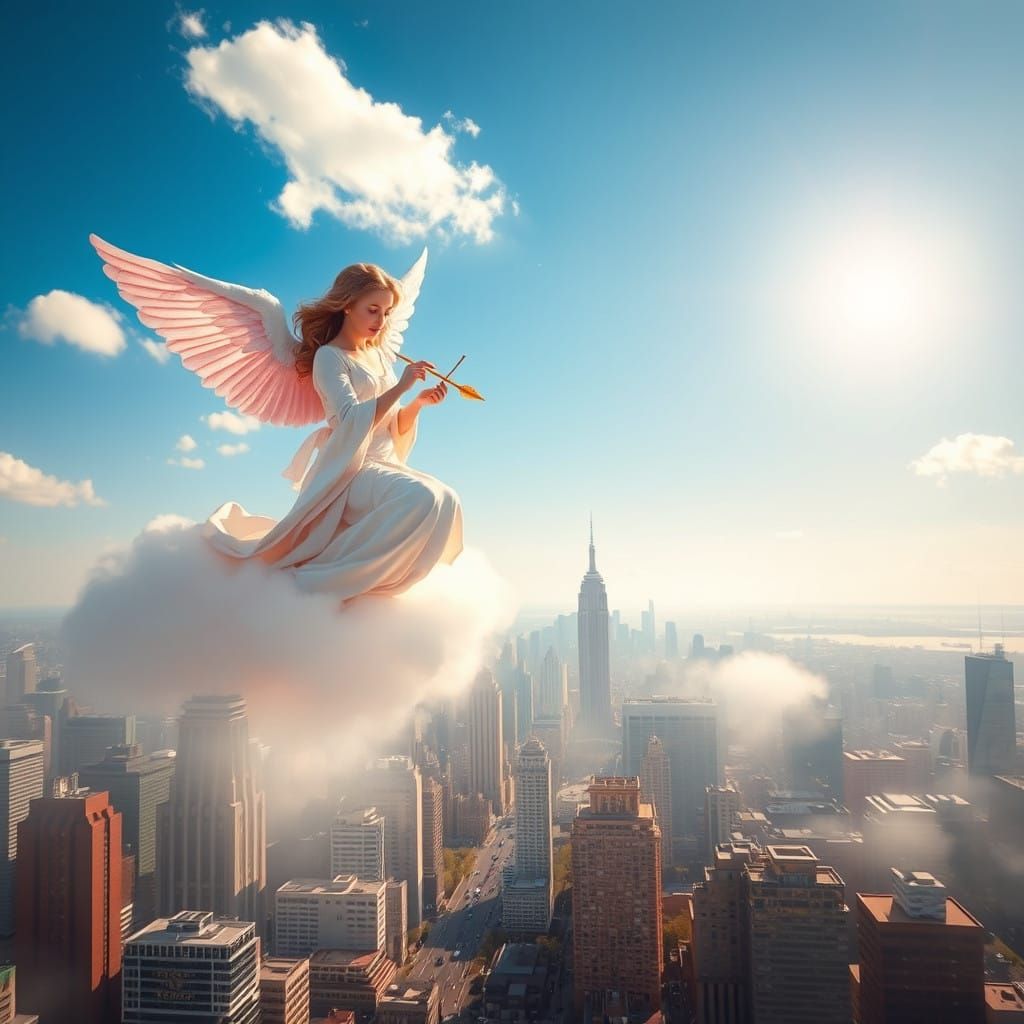 Dreamlike Cityscape with Majestic Cupid