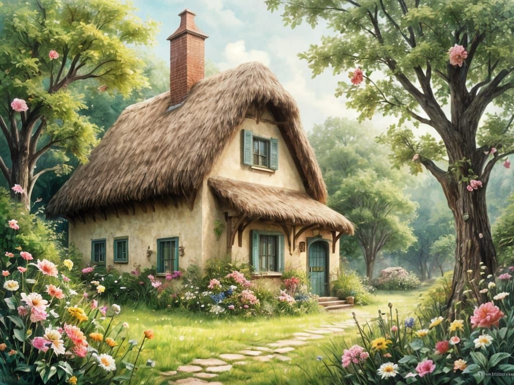 Whimsical Forest Cottage in Dreamy Watercolor Style