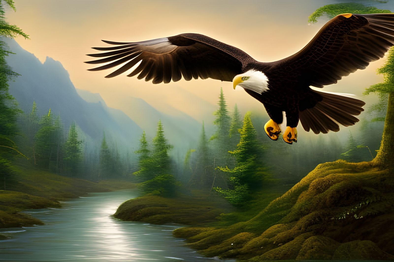 Bald Eagle Portrait Over Mountain Stream in Fantasy Art