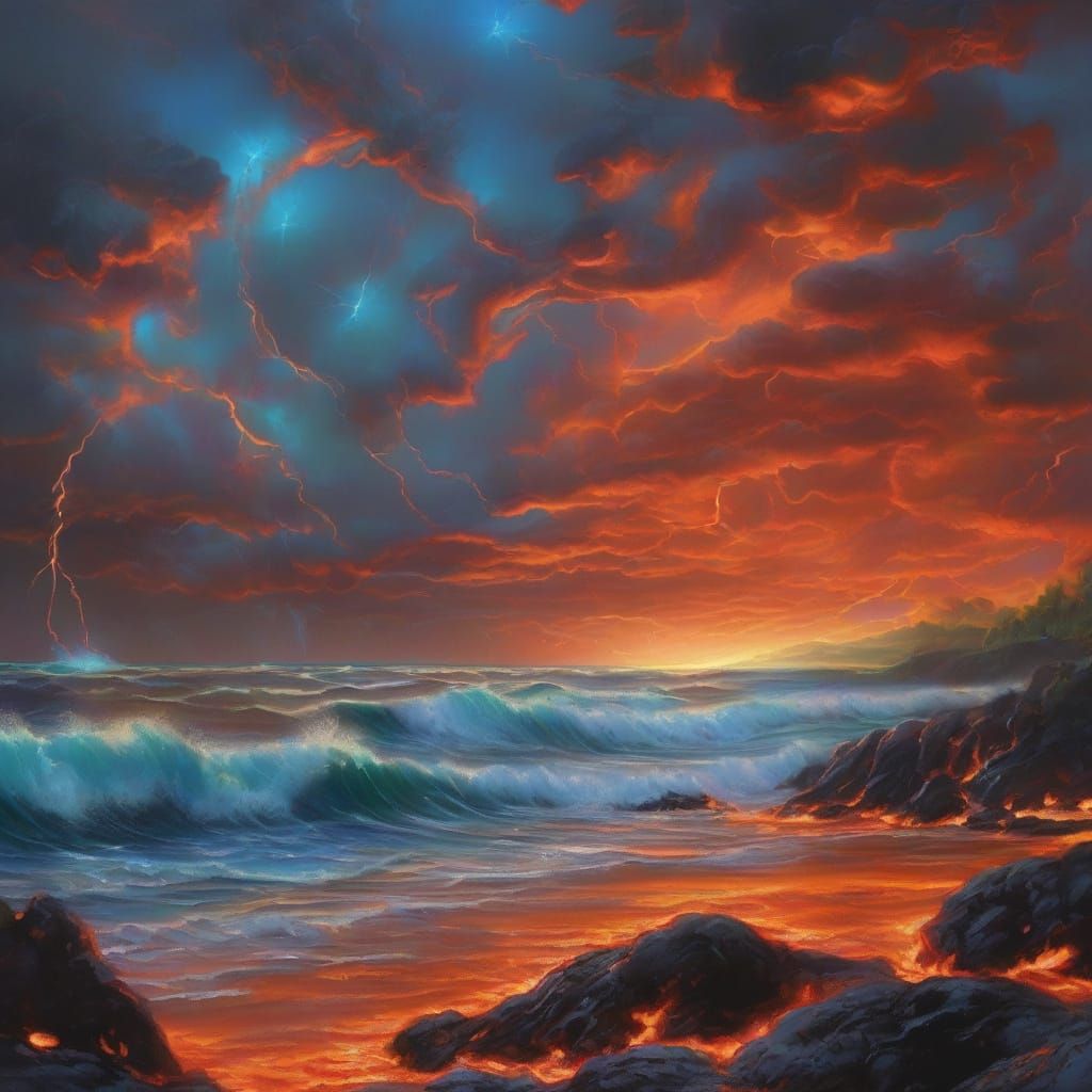 Tropical Island Lava Flow with Bioluminescent Beach