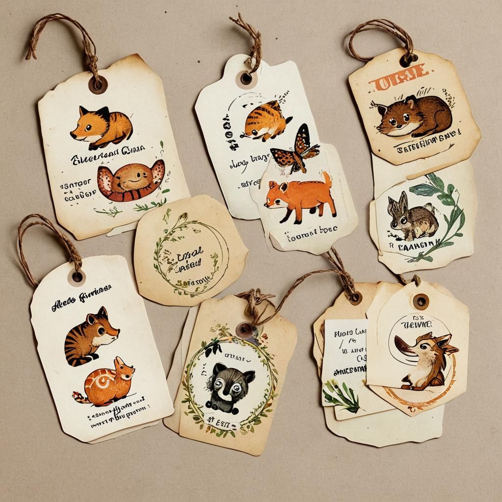 Decorated Animal Tags in Vintage Matte Painting Style