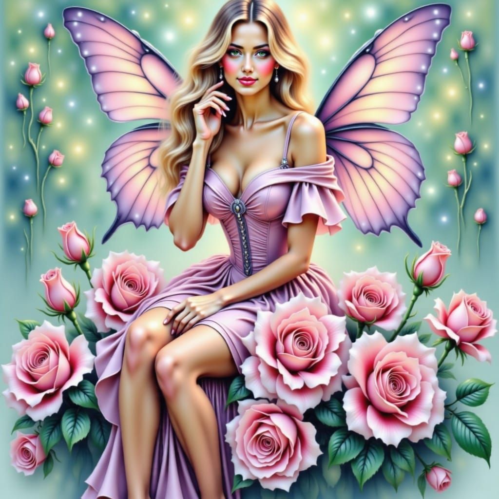 Radiant Fairy on Roses in Pastel Airbrush Style