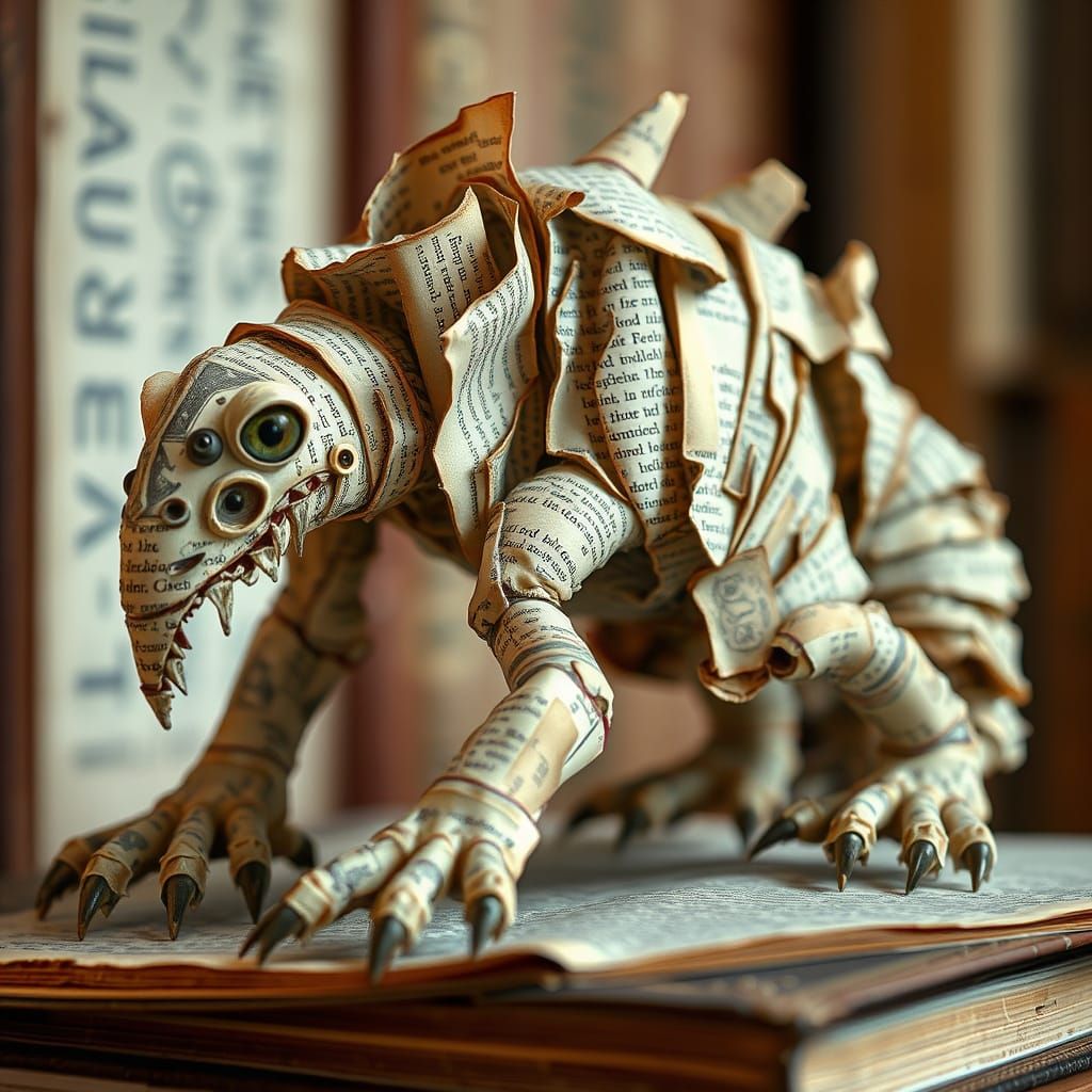 Surreal Mosaic Creature Made from Torn Book Pages