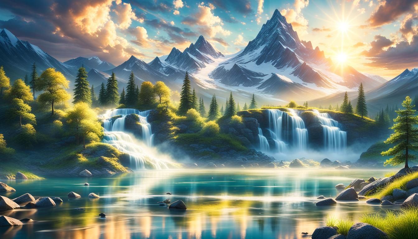 Mountain Lake Aurora with Waterfall and Sunshine