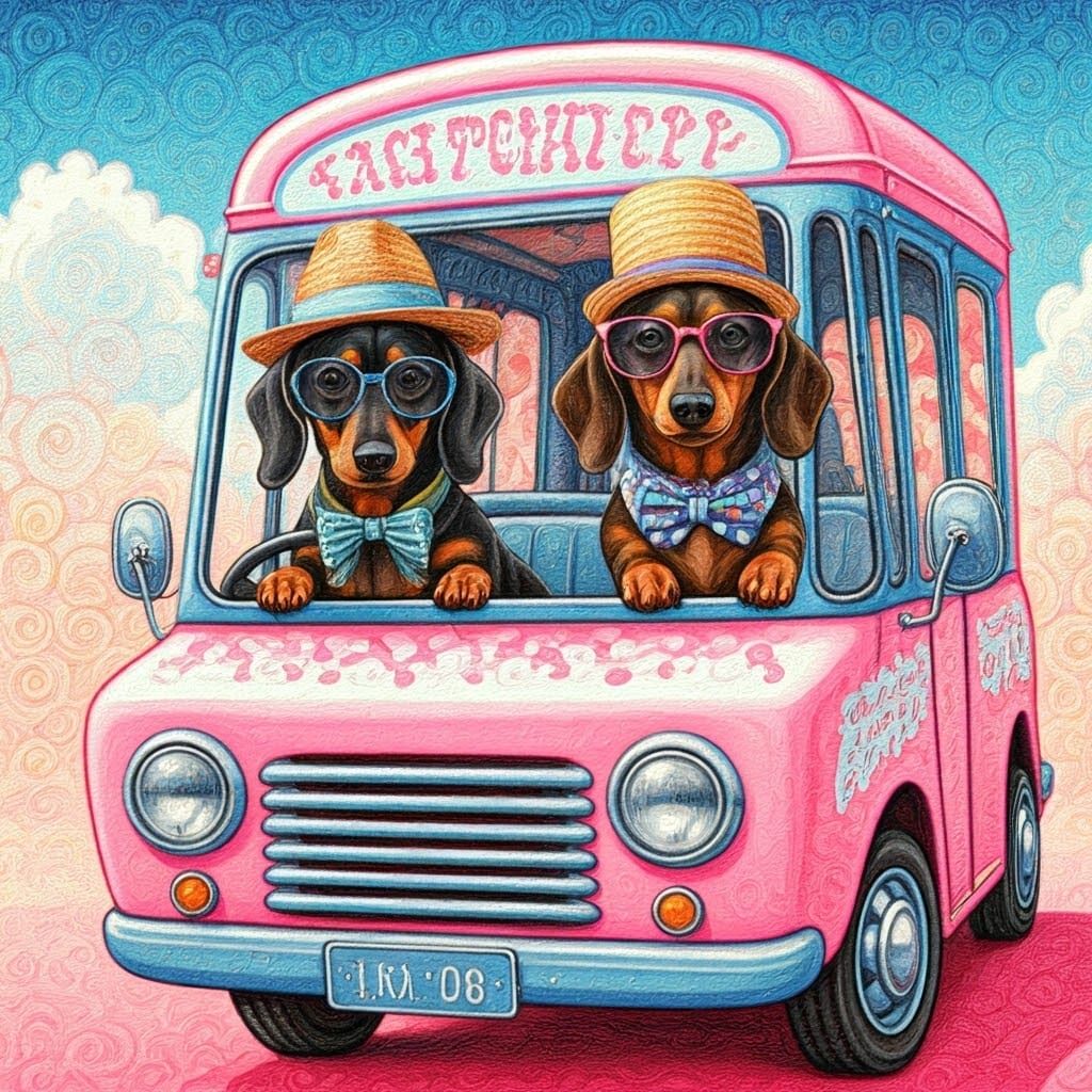Whimsical Dachshunds Drive an Ice Cream Truck in Vibrant Sto...