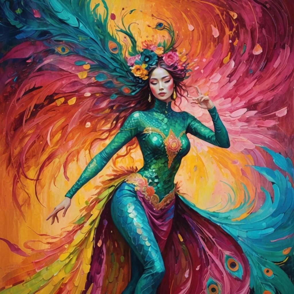 Dragon Peacock Woman in Abstract Expressionism Style