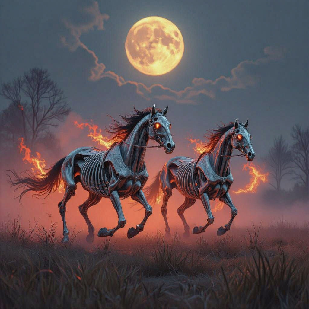 Flaming Skeletal Horses in Barren Field, Hyperrealistic Phot...