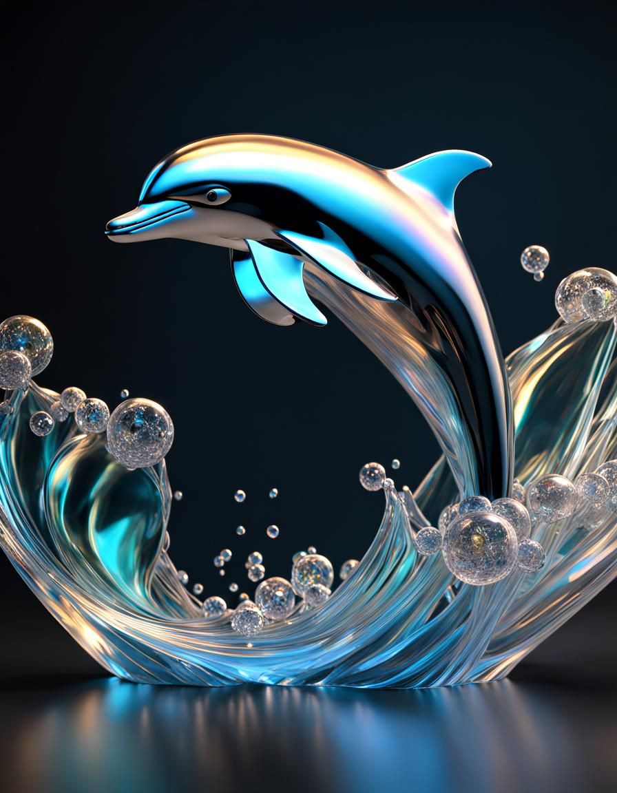 Iridescent Crystal Dolphin Leaping from Sea Foam