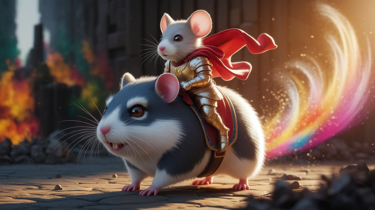 Heroic Mouse Knight Battles on Back of Fierce Hamster