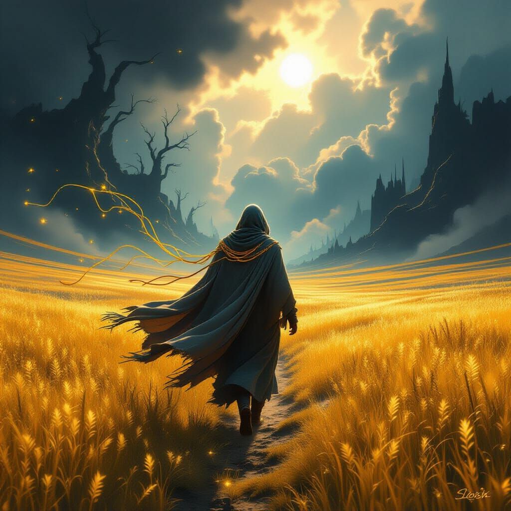 Traveler in Shifting Landscape with Golden Threads