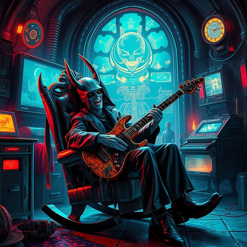 Cyberpunk Vampire Wizard in Neon Gothic Laboratory