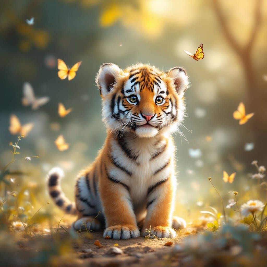 Tiger Cub Surrounded by Iridescent Butterflies in a Dreamy S...