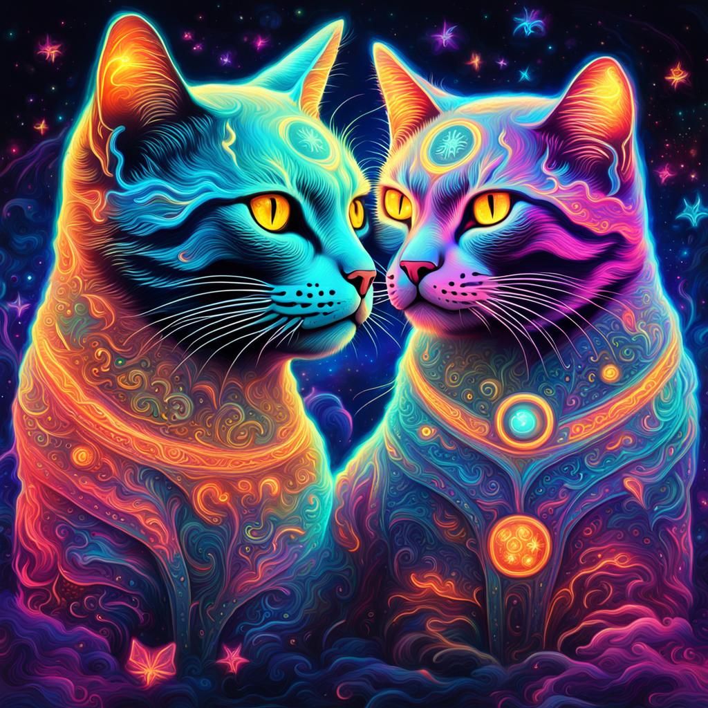Glowing Neon Yin Yang Cats in Astral Illustration