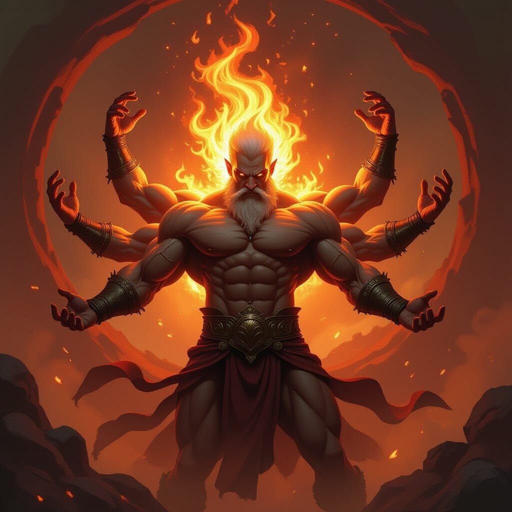 Fourteen-Armed Fiery God of Power in Epic Fantasy Style