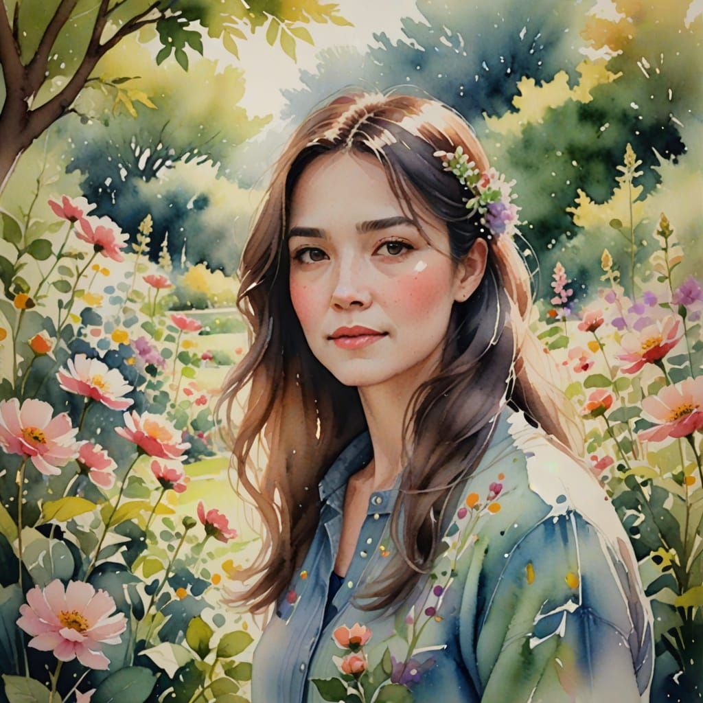 Woman in Garden: Watercolor Impressionist Painting
