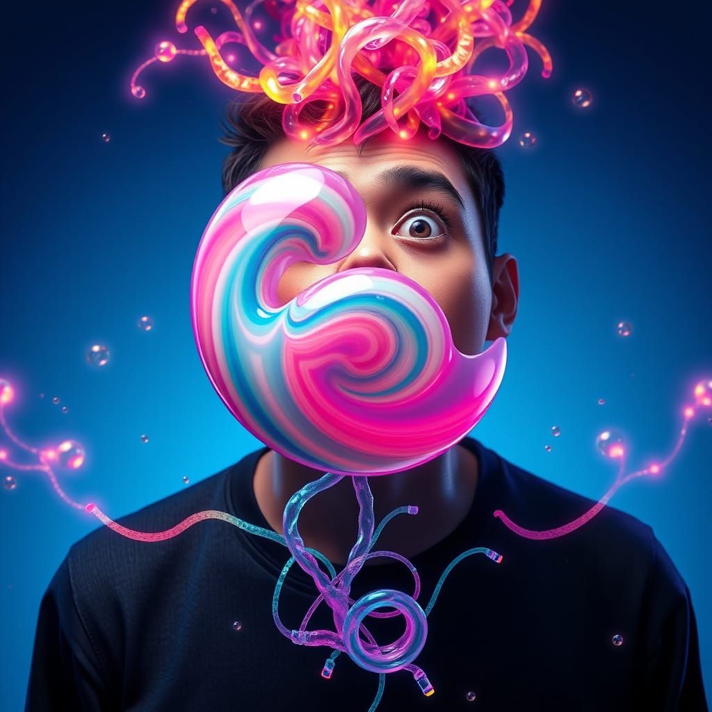 Fascinated Youth Chews Giant Bubblegum Amidst Whimsical Suga...