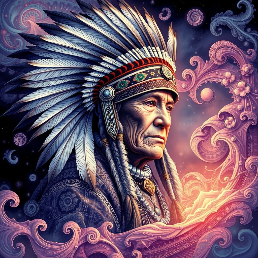 Mystical Native American Elder in Vibrant Zentangle Style