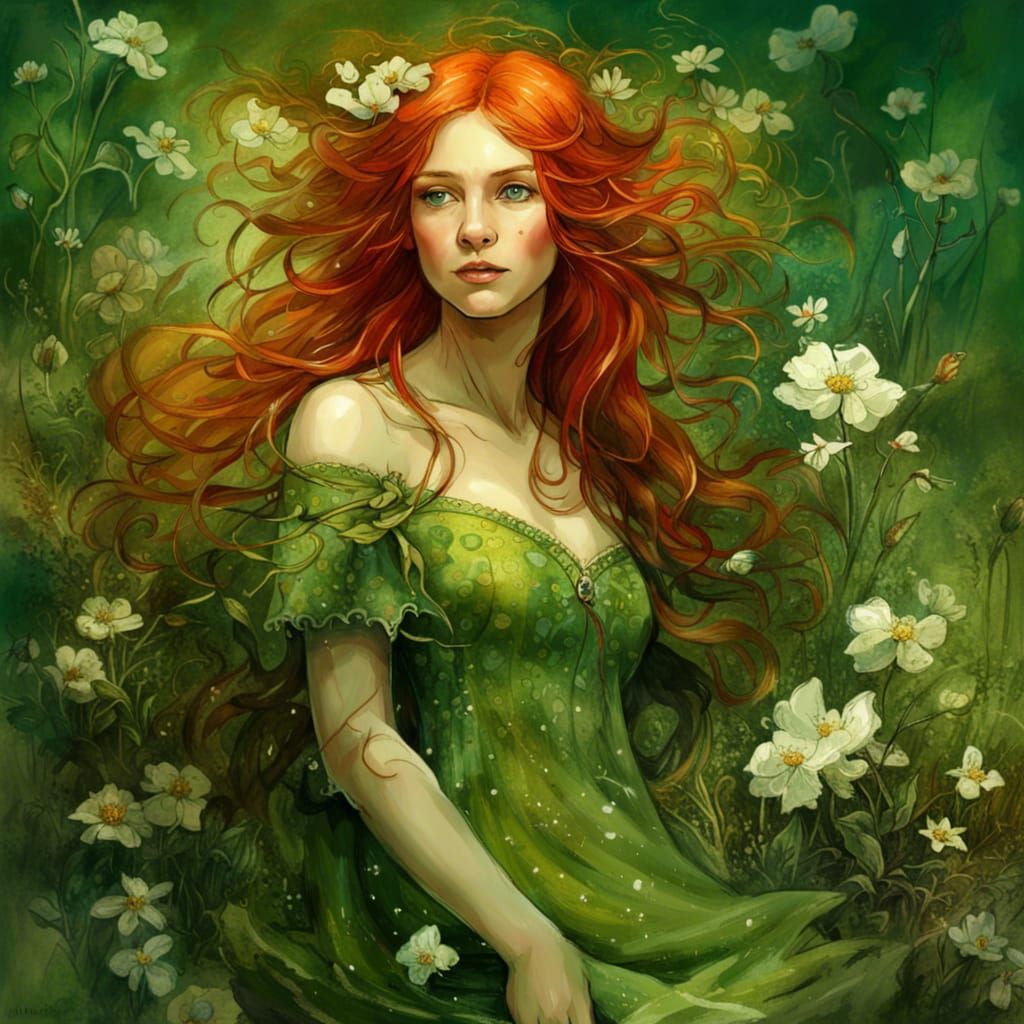 Red-Headed Girl in Fairytale Countryside with Spring Flowers