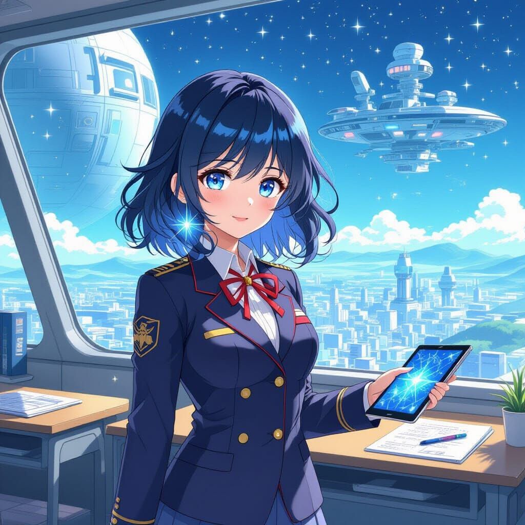 Anime Girl in Futuristic Classroom, Ghibli-Inspired Style