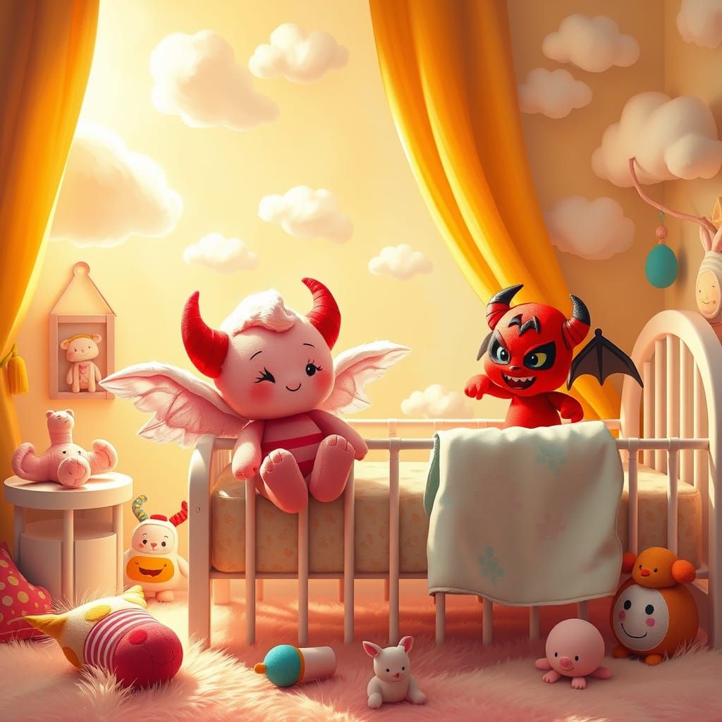 Whimsical Nursery Scene with Angel and Demon Plushies
