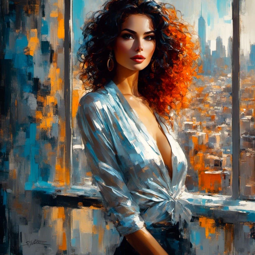 Vibrant Woman in Pop Art Portrait with City View