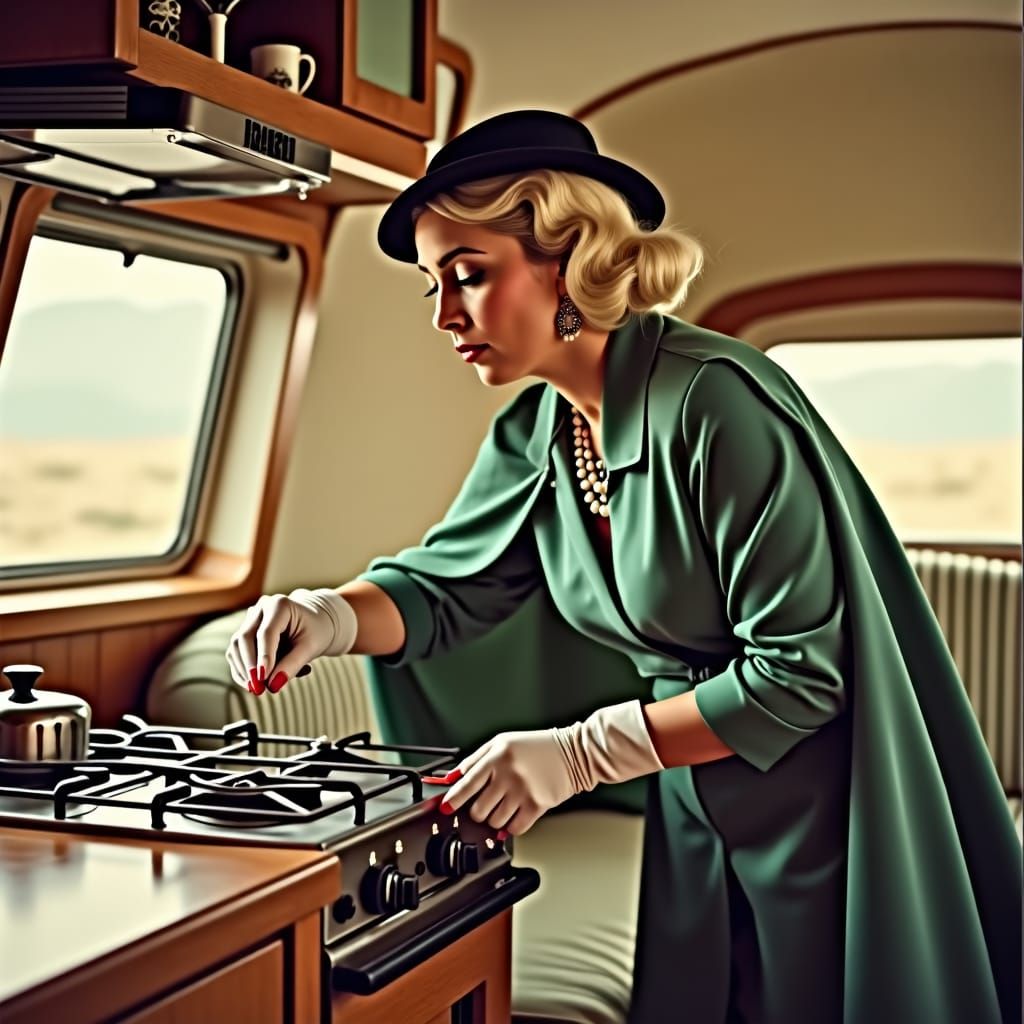 Dinah Shore Lights Stove in Retro Travel Trailer
