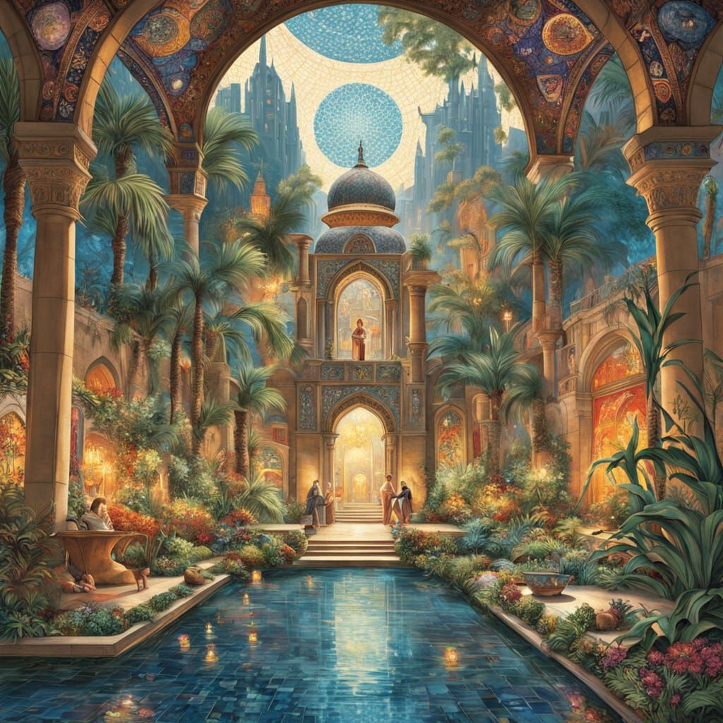 Futuristic Oasis in Art Nouveau Travel Poster Style