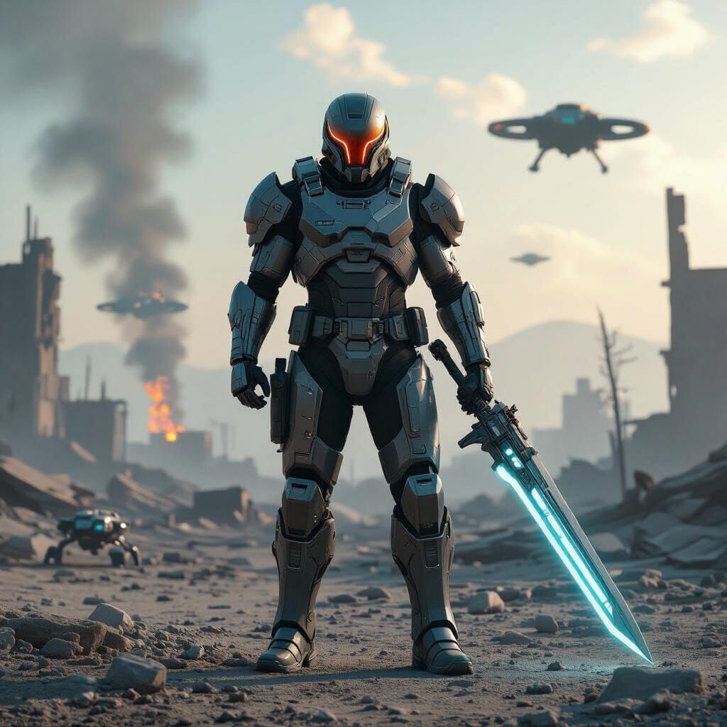 Futuristic Armored Soldier in Post-Apocalyptic Ruins