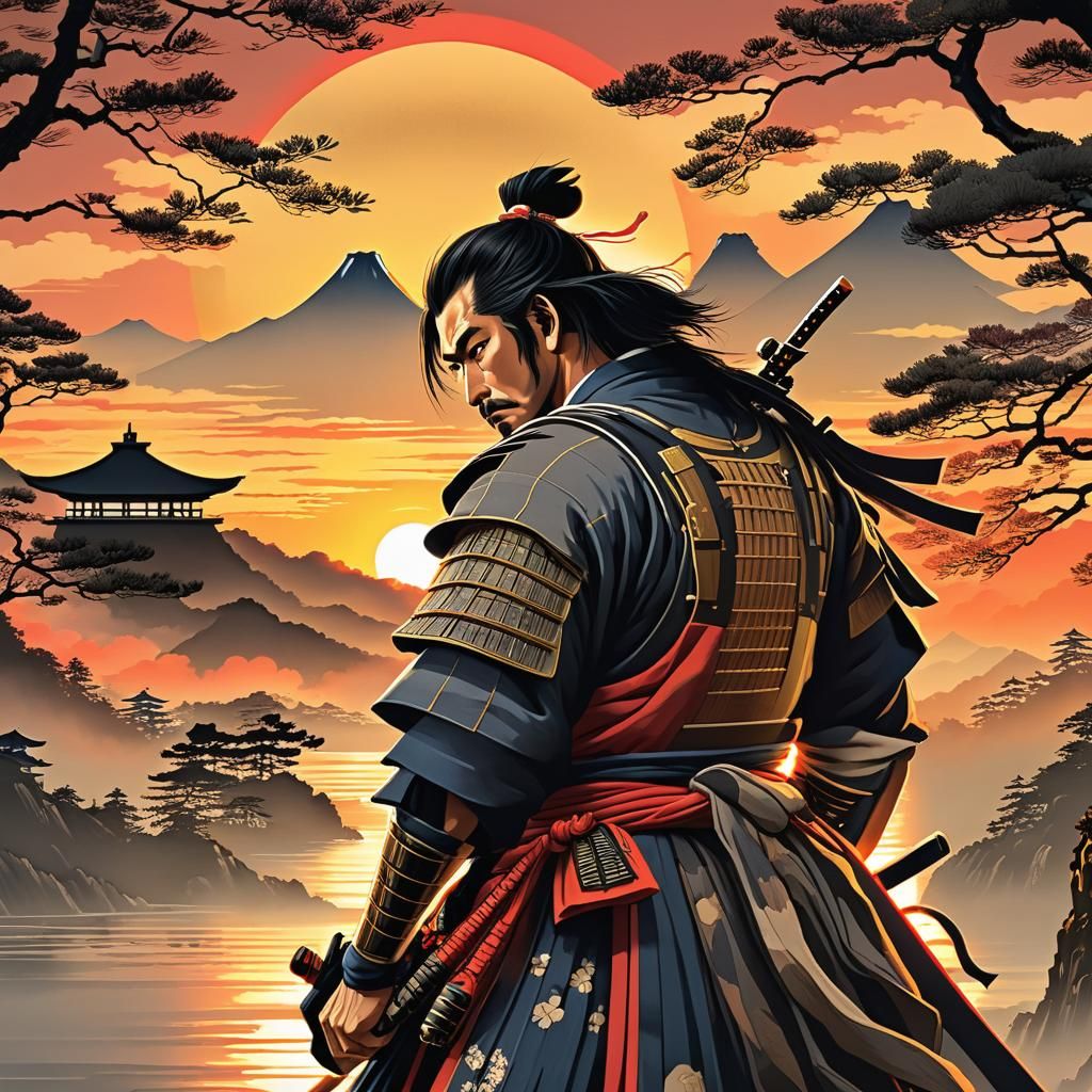 Samurai at Sunset: Ukiyo-e Style Woodblock Print