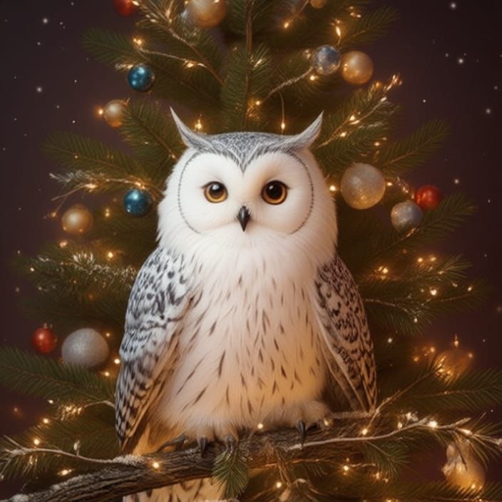 Winter Owl Under Christmas Tree