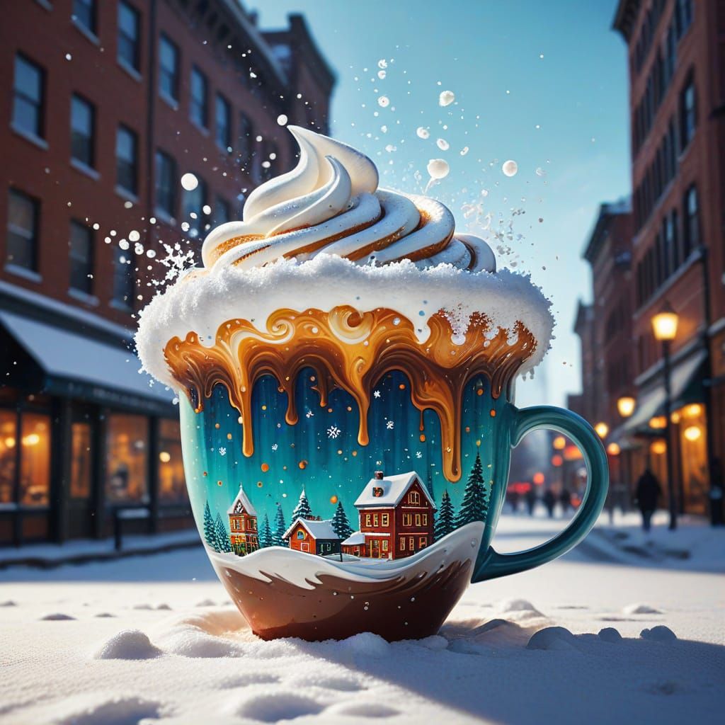 Whimsical Cityscape: A Coffee Cup Building in Winter