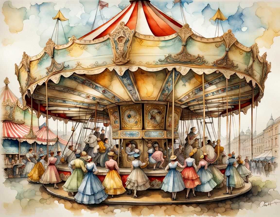 Detailed Watercolor Carousel Scene in Vintage Style