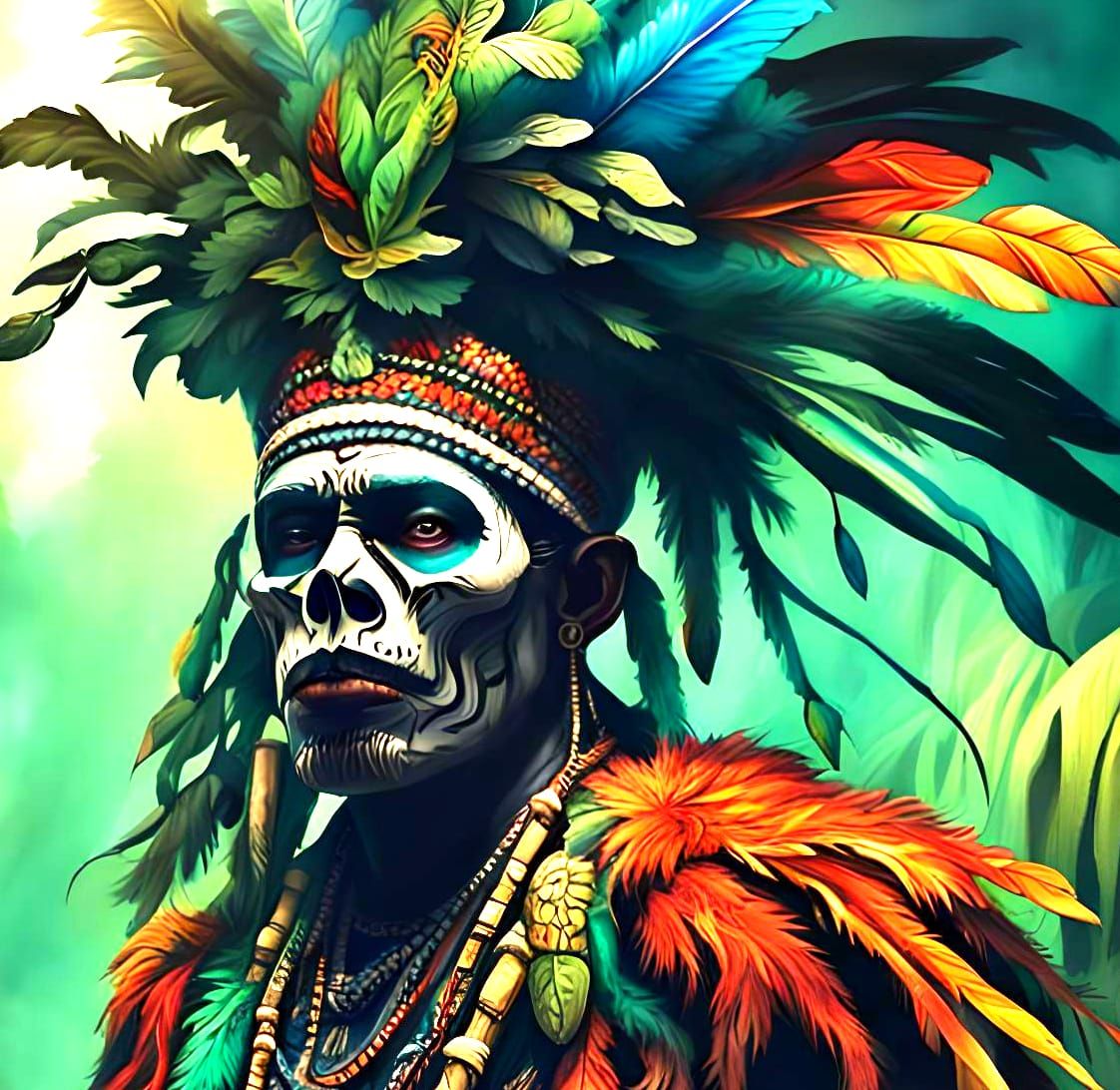 Detailed Portrait of a Witch Doctor in Mixed Media